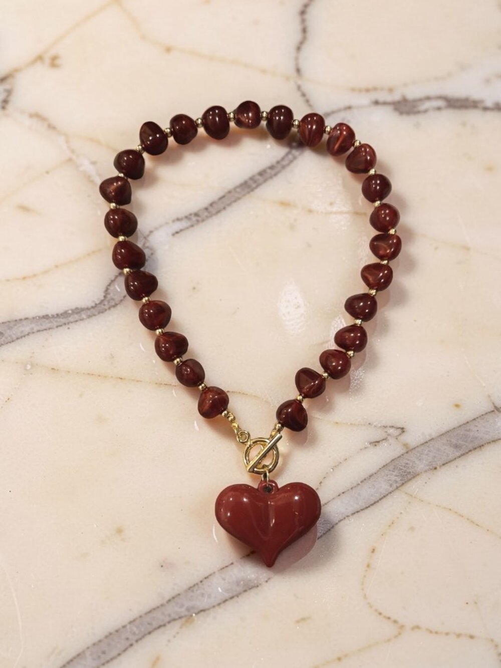 Juniors ~Puffed Heart Burgundy Necklace w gold hardware ~ New